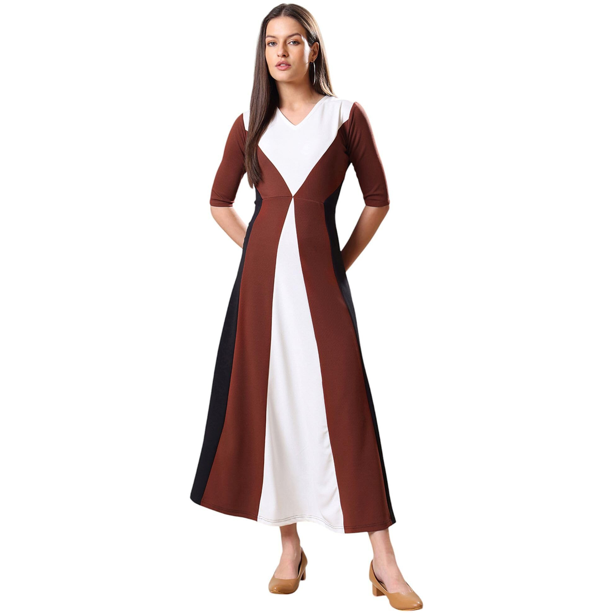 Purvaja Womens Fit & Flare Maxi Dress (Bely-209_Brown_Small)