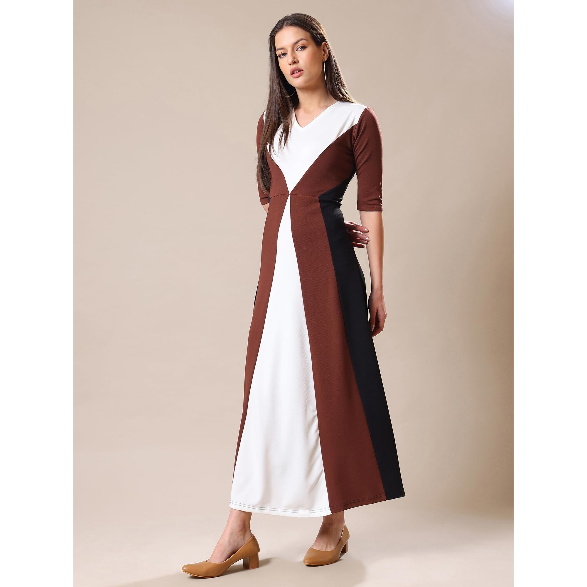Purvaja Womens Fit & Flare Maxi Dress (Bely-209_Brown_Small)