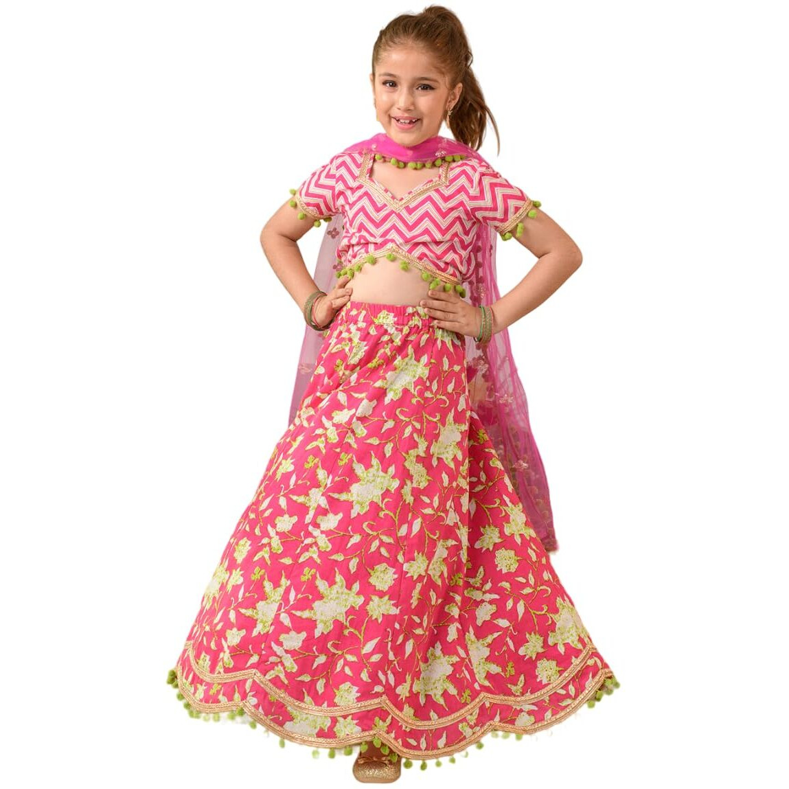 Pspeaches Girl's Cotton Lehenga Choli (L-Magentazigzag_Magenta_2-3Y)