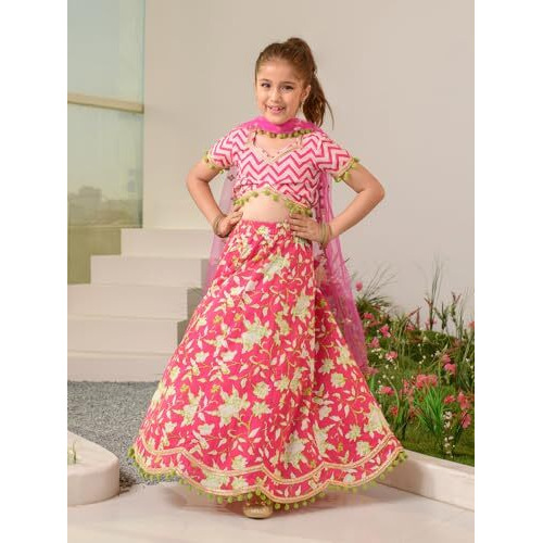 Pspeaches Girl's Cotton Lehenga Choli (L-Magentazigzag_Magenta_2-3Y)