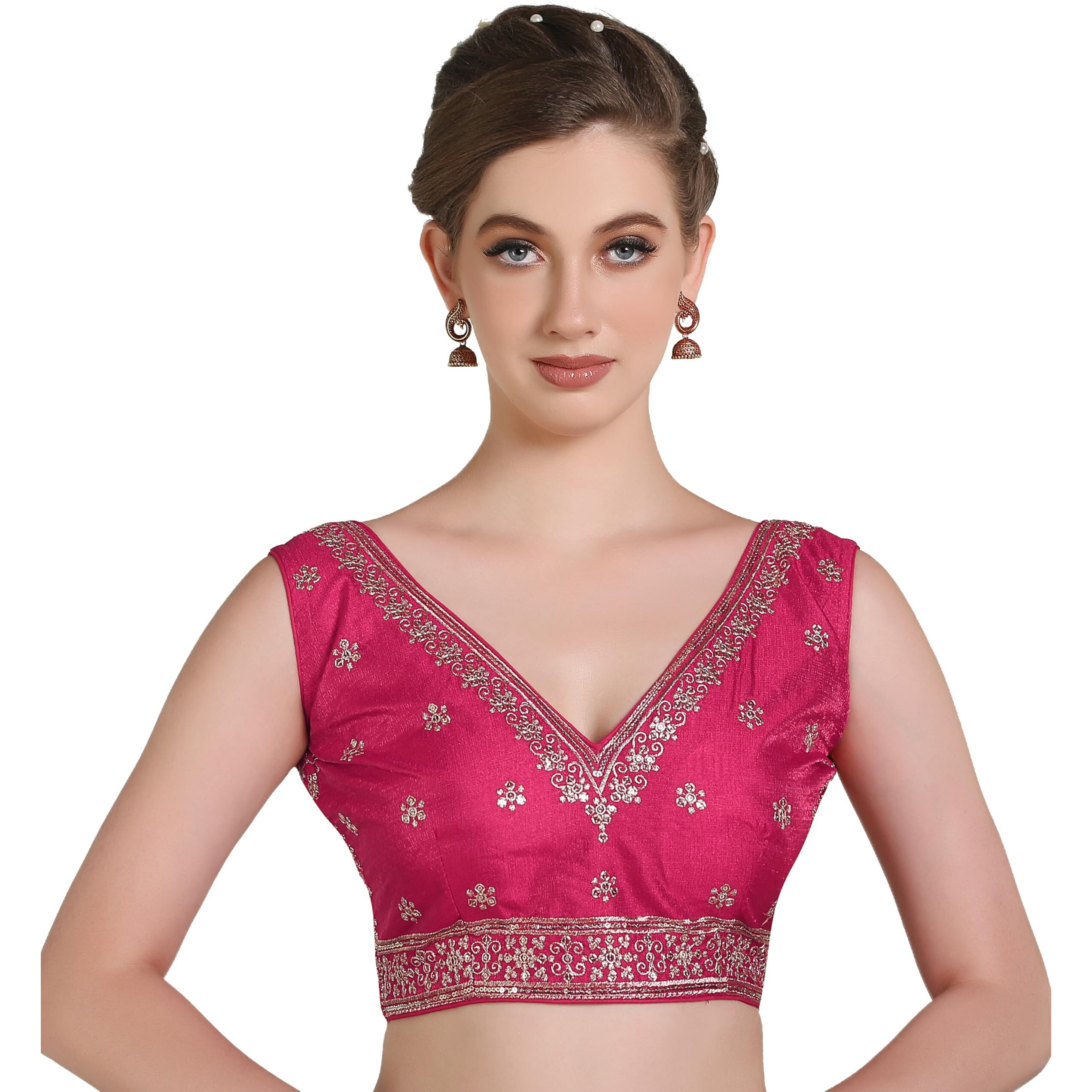 Pujia Mills Women's Indian Ethnic Wear Designer Gold Zari Embroidery With Sequence Work V Neck Sleeveless Readymade Back Side Worked Saree Blouse (Pink, 34)