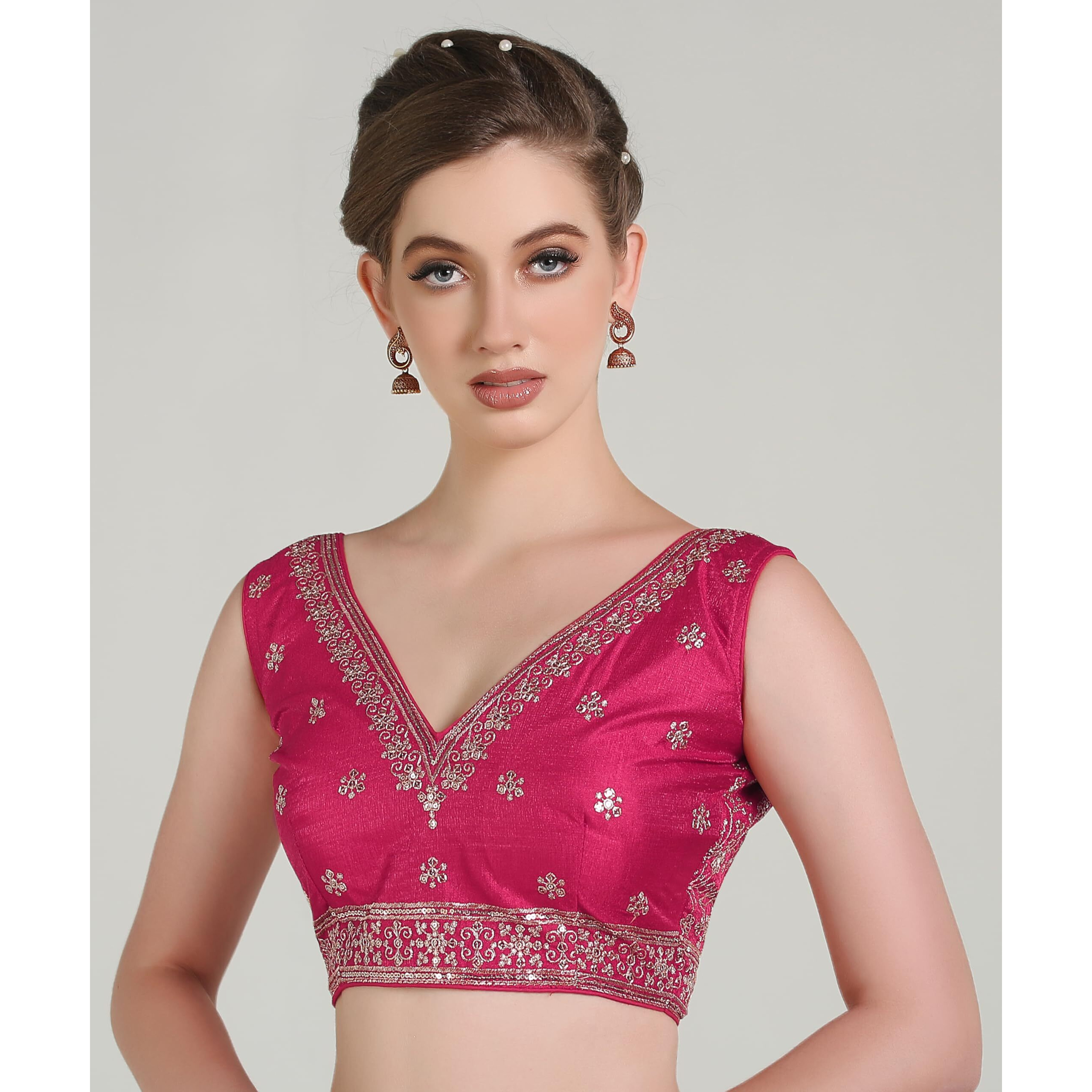 Pujia Mills Women's Indian Ethnic Wear Designer Gold Zari Embroidery With Sequence Work V Neck Sleeveless Readymade Back Side Worked Saree Blouse (Pink, 34)