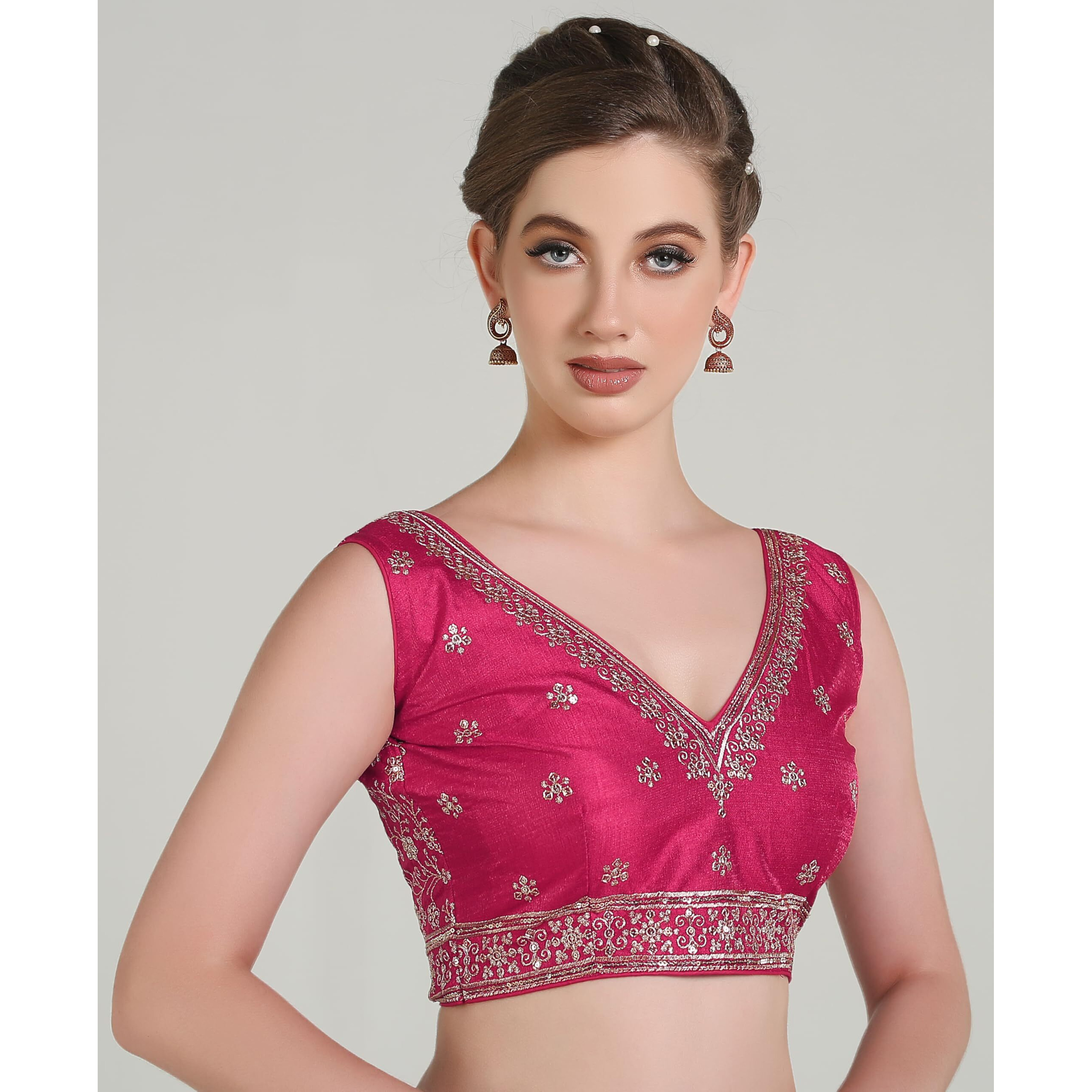 Pujia Mills Women's Indian Ethnic Wear Designer Gold Zari Embroidery With Sequence Work V Neck Sleeveless Readymade Back Side Worked Saree Blouse (Pink, 34)