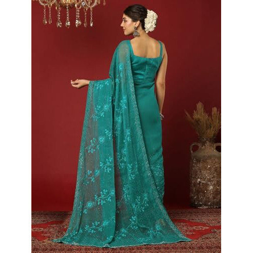 Satrani Women's Shimmer Chiffon Embroidered Stone Work Saree With Unstitched Blouse Piece (4395S3123N_Teal Green)
