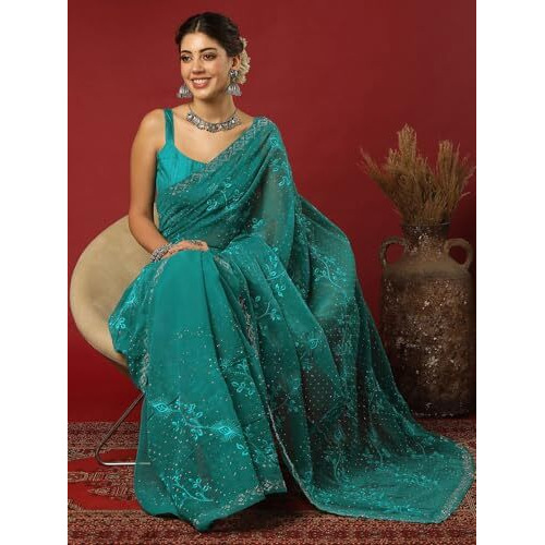 Satrani Women's Shimmer Chiffon Embroidered Stone Work Saree With Unstitched Blouse Piece (4395S3123N_Teal Green)