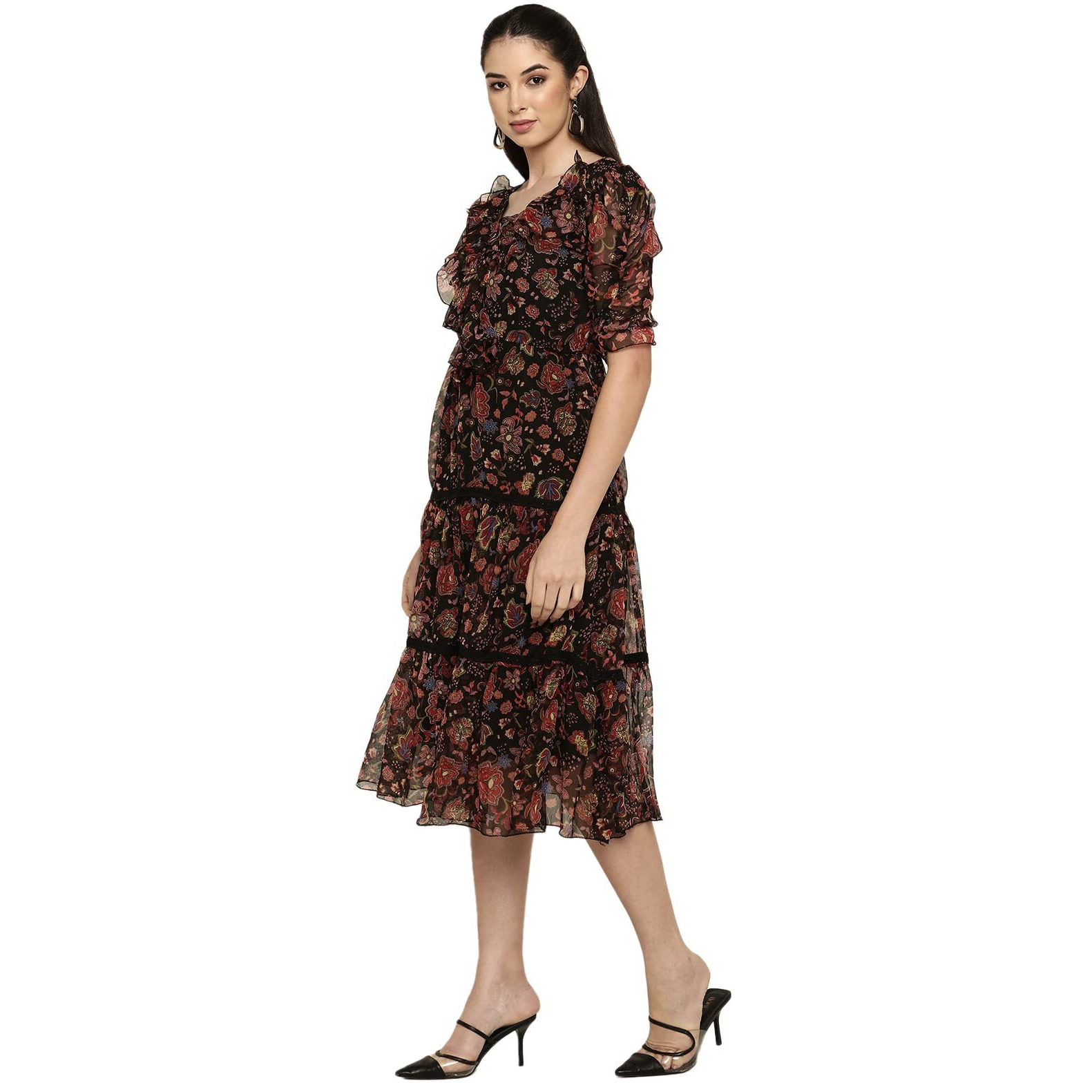 Shasmi Chiffon Fit And Flare Calf Length (Dresses For Women_Black_S)