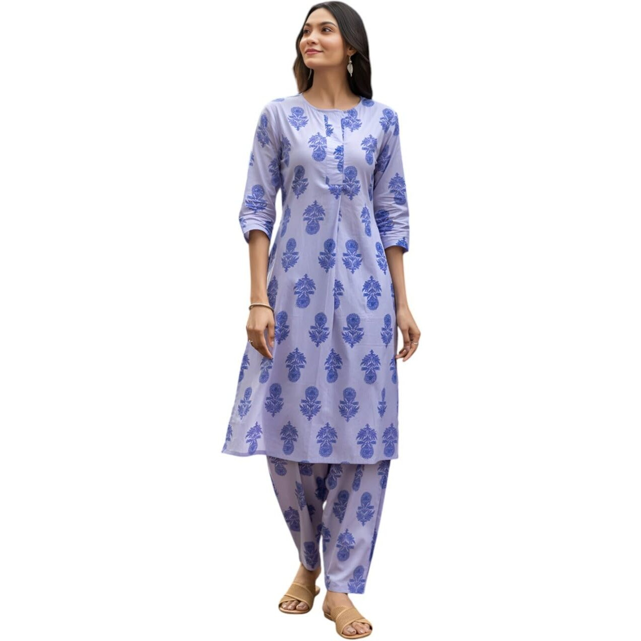 Lookmark Women's Cotton Blend Trendy Regular Fit Solid Printed Kurti With Stright Bottom |Kurti Set For Women (Az-Lm-Og-Ks2208-S) Purple
