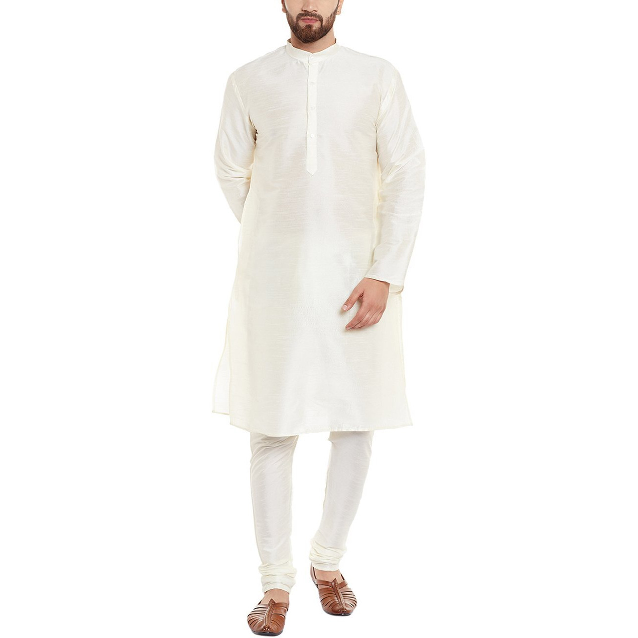 Sojanya (Since 1958 Men's Dupion Silk Classic Solid Only Long Kurta Off-White