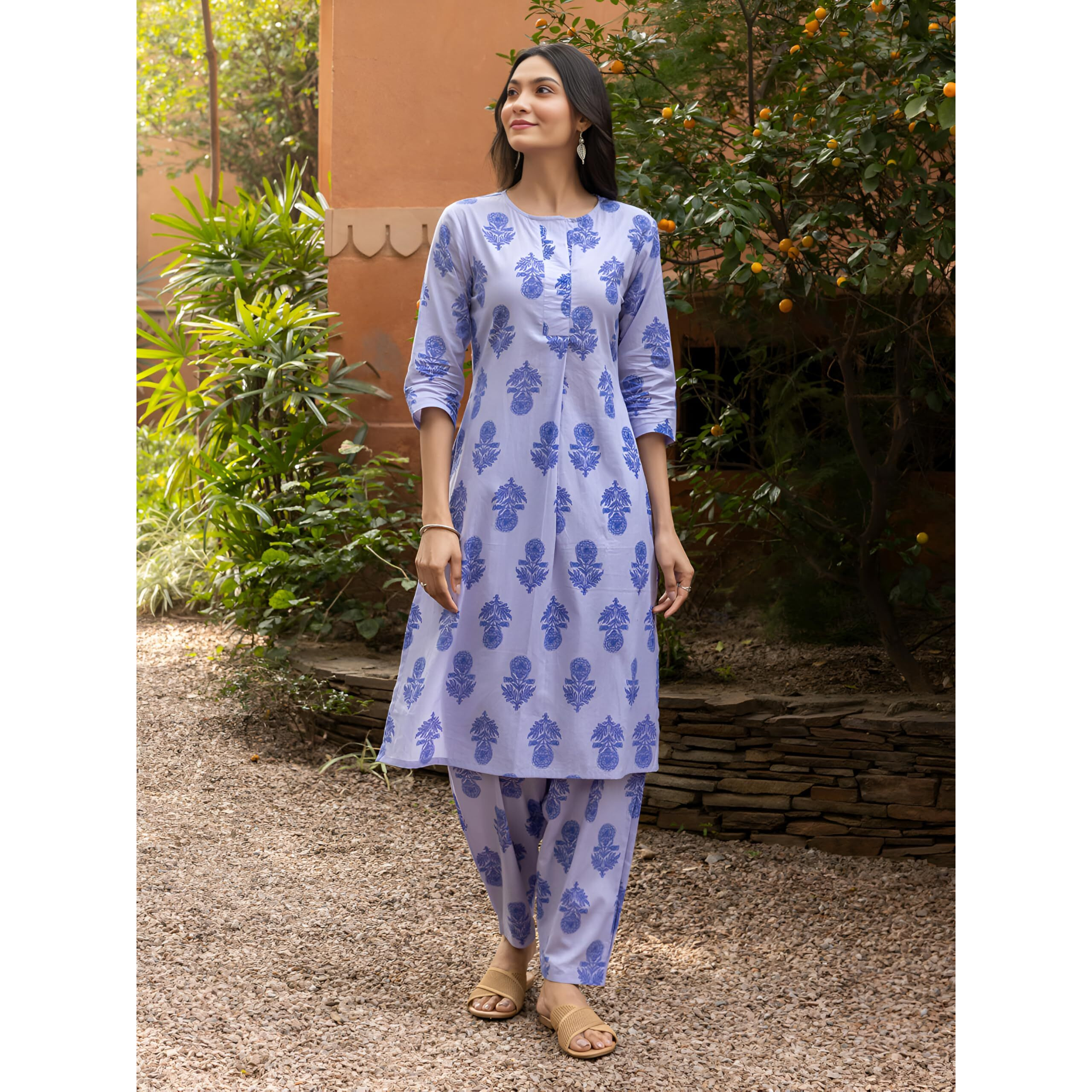 Lookmark Women's Cotton Blend Trendy Regular Fit Solid Printed Kurti With Stright Bottom |Kurti Set For Women (Az-Lm-Og-Ks2208-L) Purple