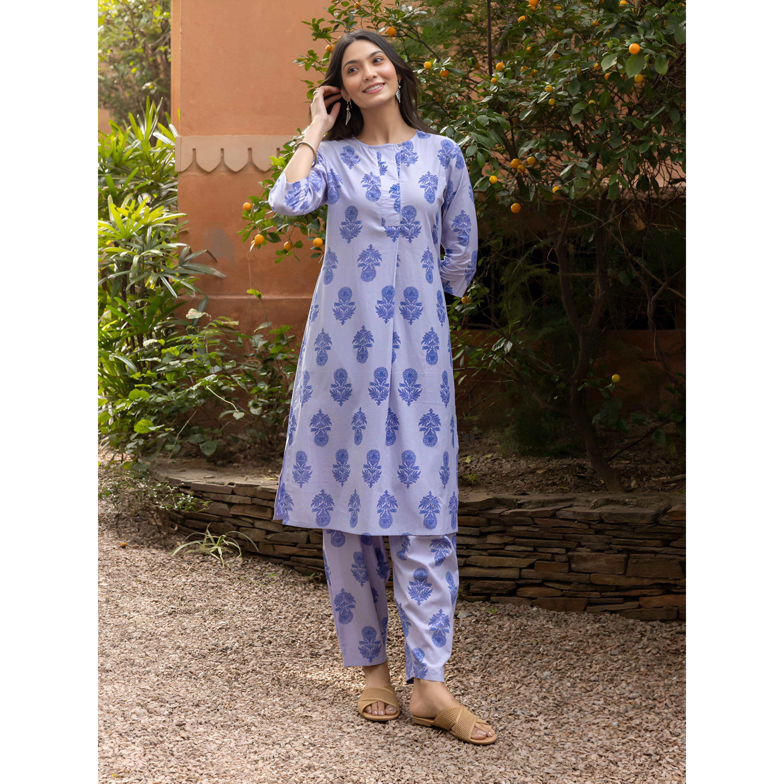 Lookmark Women's Cotton Blend Trendy Regular Fit Solid Printed Kurti With Stright Bottom |Kurti Set For Women (Az-Lm-Og-Ks2208-L) Purple