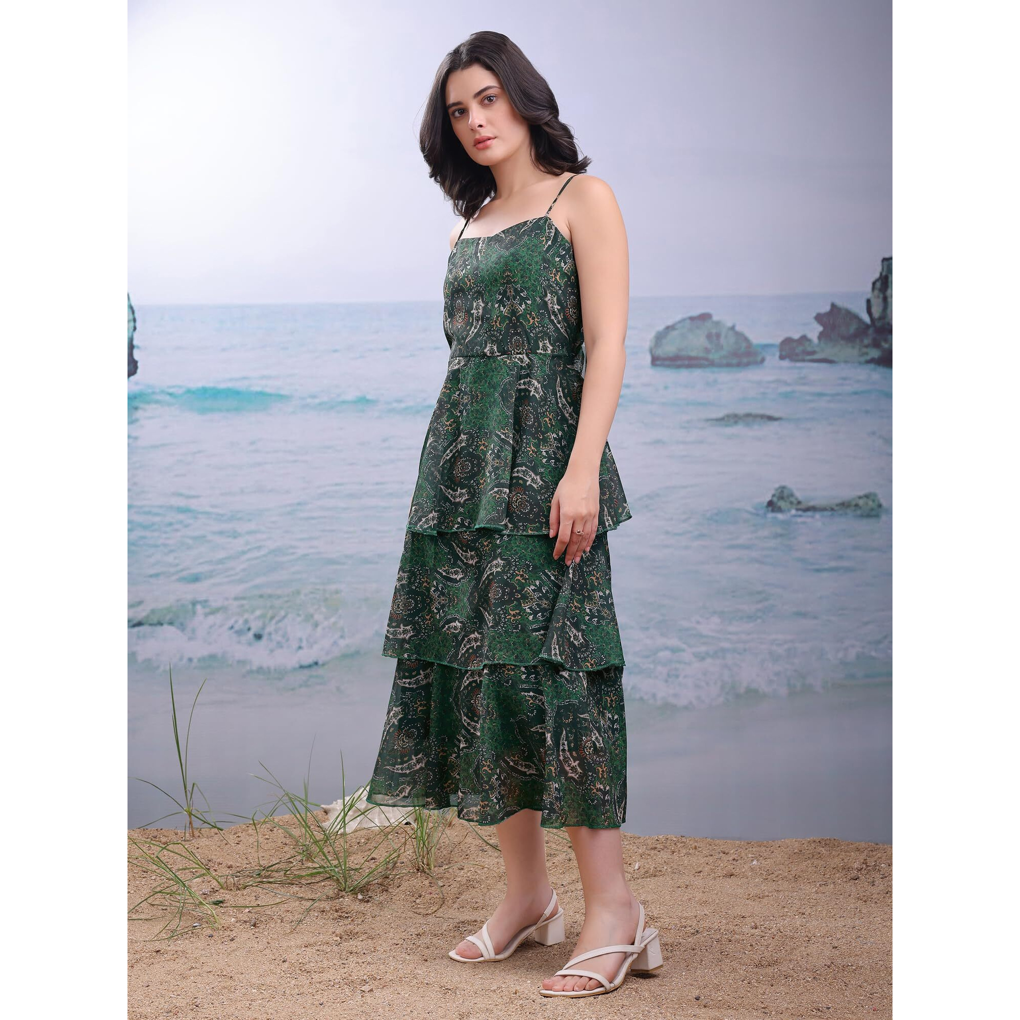 Purvaja Womens Layered Midi Green Dress (Floe-153-L)