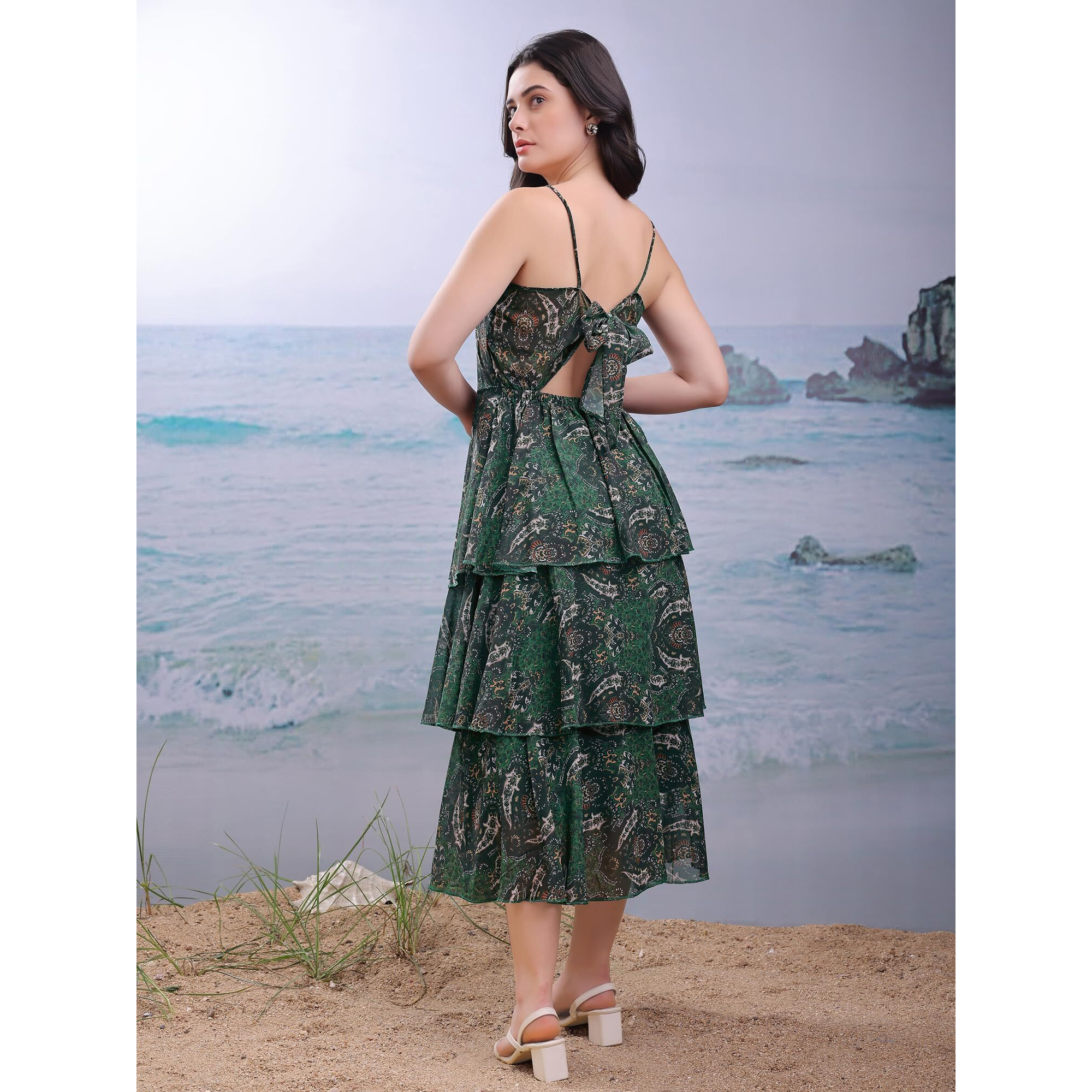 Purvaja Womens Layered Midi Green Dress (Floe-153-L)