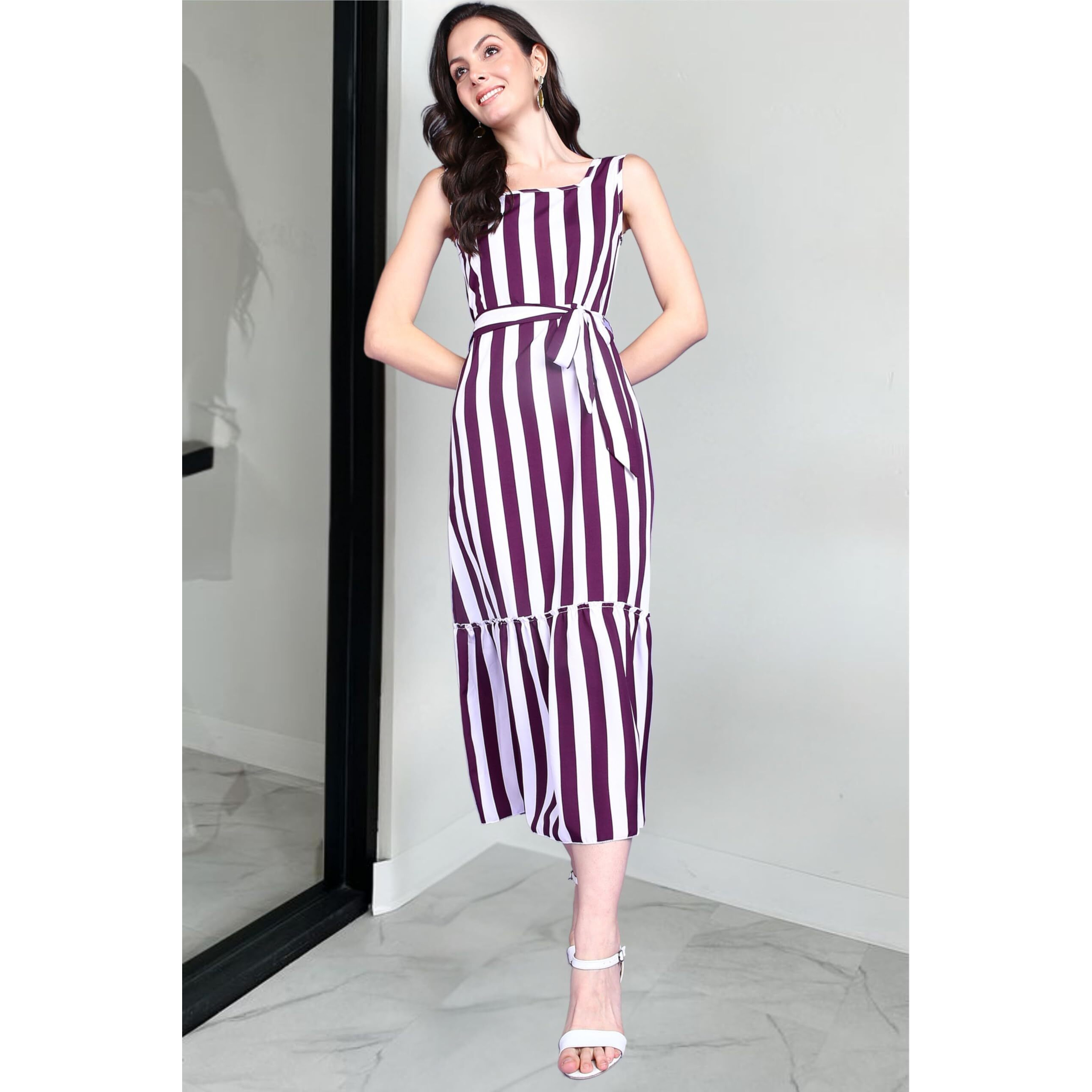 Popwings Women Casual Purple & White Stripe Long Belt Dress Dress | Stylish Dress | Trendy Dress