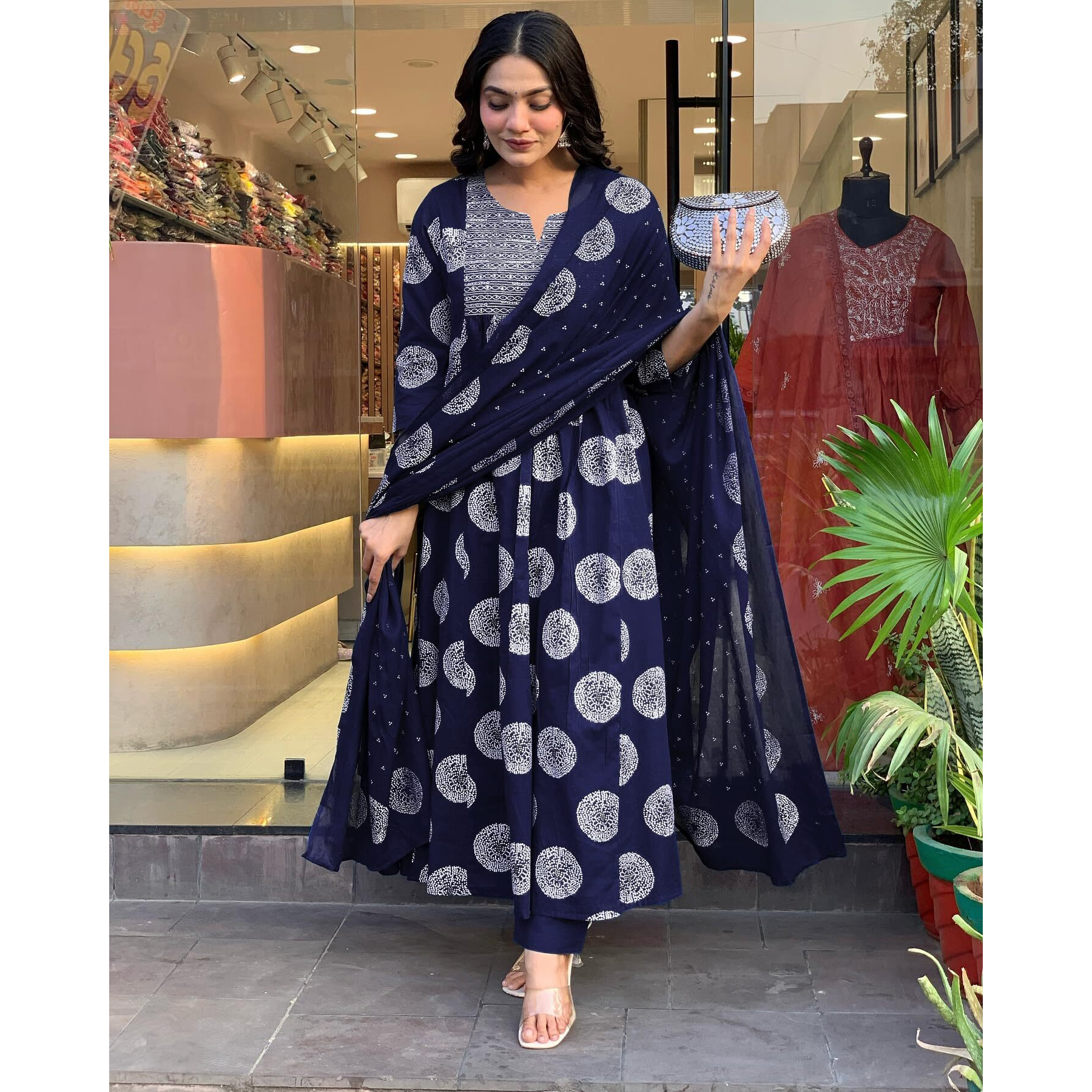Toochki Gown For Women Wedding | Three Piece Dress For Womens Long | Anarkali Dresses | Ethnic Navy Blue Gowns | Anarakali Suit | Printed With Embroidered | With Dupatta