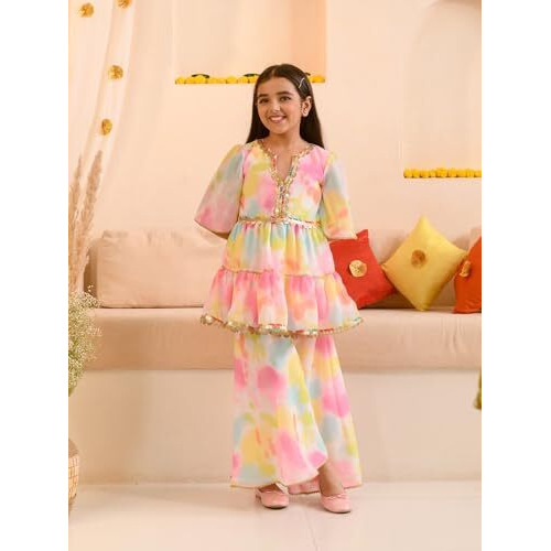 Pspeaches Girl's Silk Blend Shrara Set (Ks-Multilayer-15-16Y_Multi