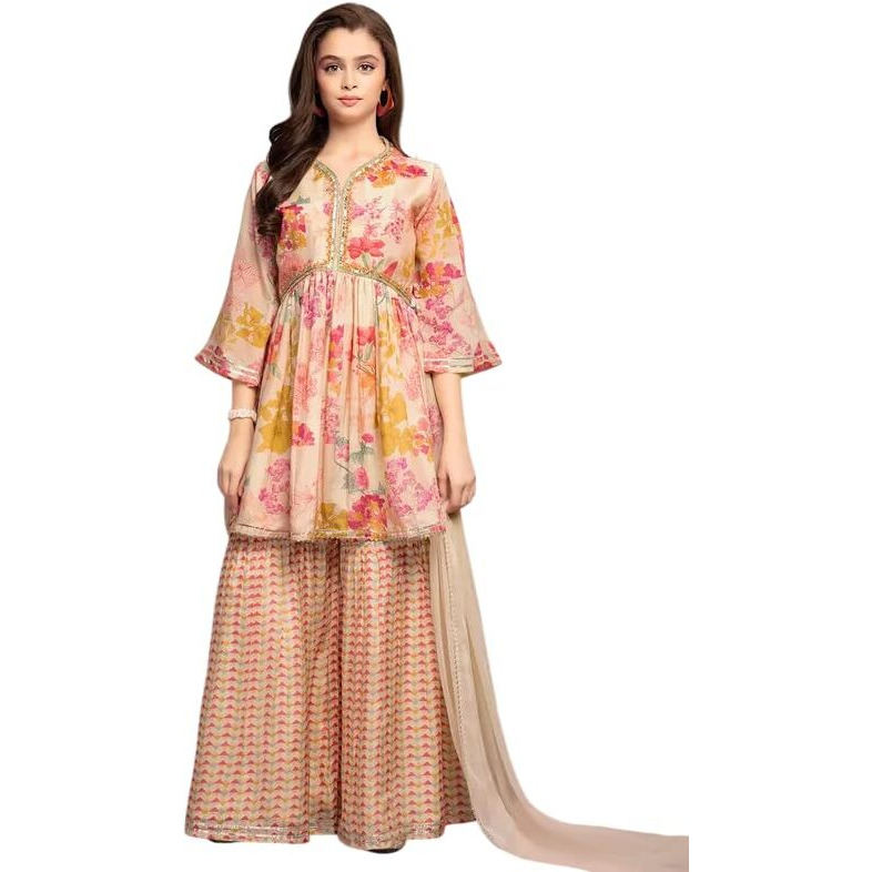 White Button New Peplum Cream Flower Kids Sharara Set For Girl Dress