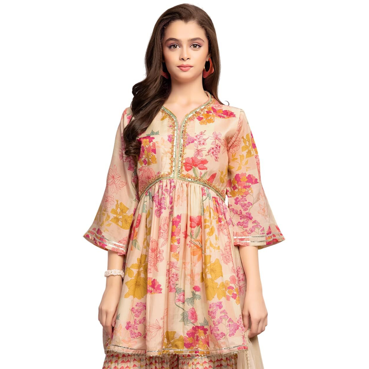 White Button New Peplum Cream Flower Kids Sharara Set For Girl Dress