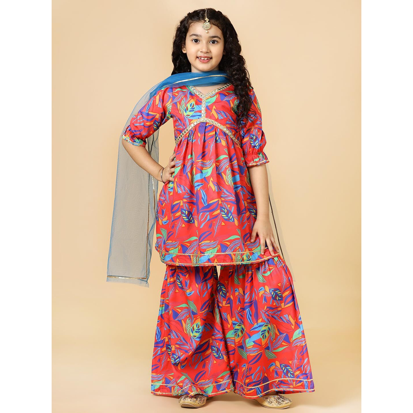 A.T.U.N. (All Things Uber Nice) Red Floral Printed Kurti, Sharara With Dupatta Set For Girls