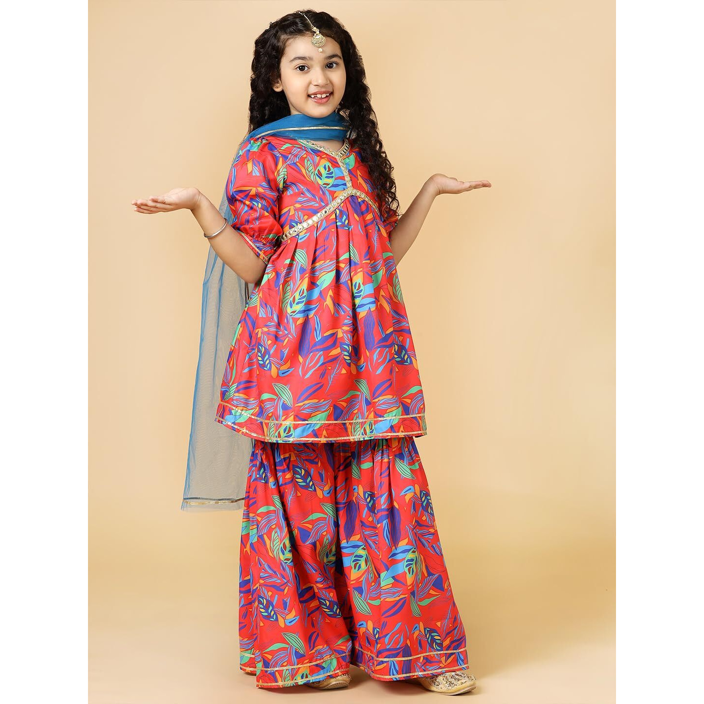 A.T.U.N. (All Things Uber Nice) Red Floral Printed Kurti, Sharara With Dupatta Set For Girls