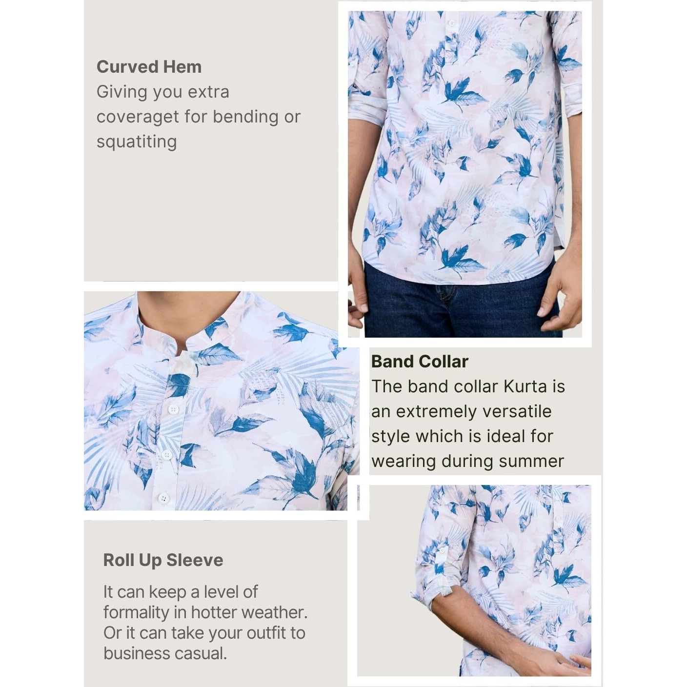 See Designs Men's Roll-Up Sleeve Mandarin Collar Pink Tropical Printed Rayon Short Kurta - Sdkt2931Xl