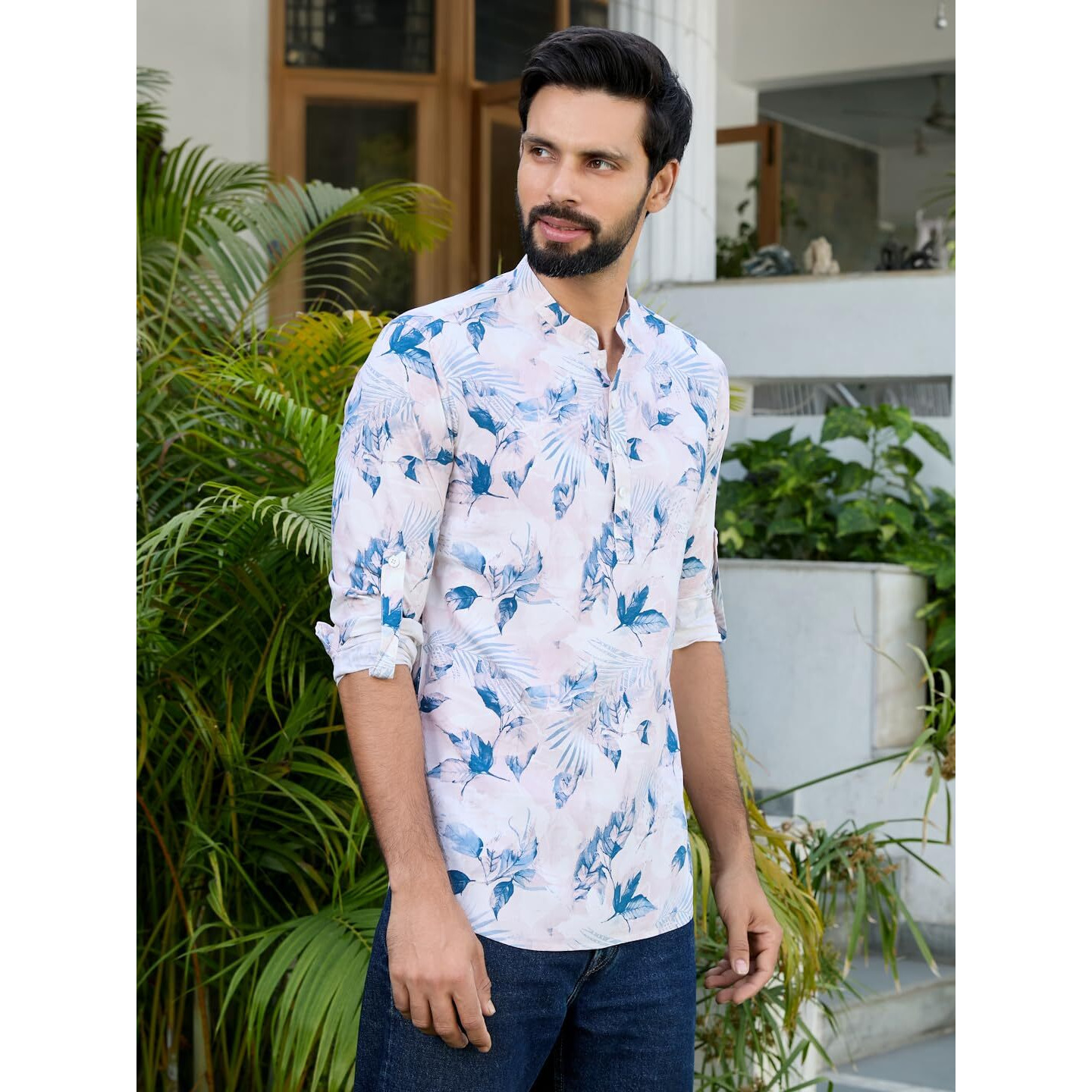 See Designs Men's Roll-Up Sleeve Mandarin Collar Pink Tropical Printed Rayon Short Kurta - Sdkt2931Xl