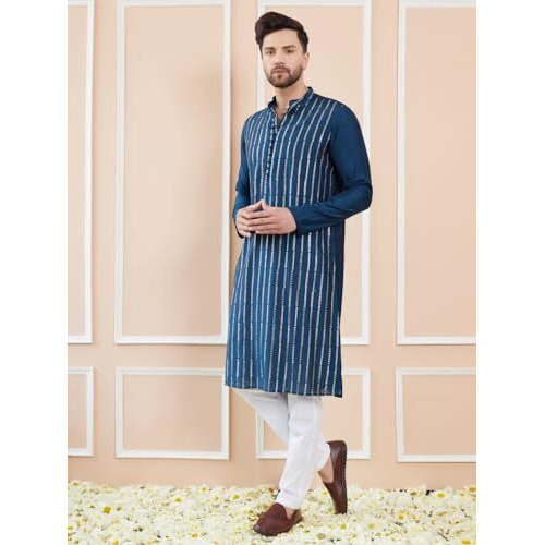 See Designs Men Full Sleeve Side Slit Teal And Gold Chanderi Silk Sequins Mandarin Collar Kurta - Sd2Kt_2425L