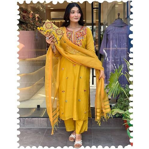 Anni Designer Women's Rayon Viscose Embroidered Straight Kurta With Pant & Dupatta (Avlen Yellow_Xl_Yellow_X-Large)