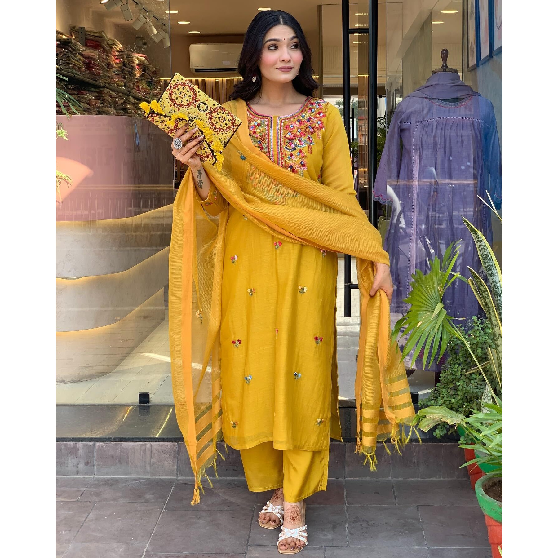 Anni Designer Women's Rayon Viscose Embroidered Straight Kurta With Pant & Dupatta (Avlen Yellow_Xl_Yellow_X-Large)