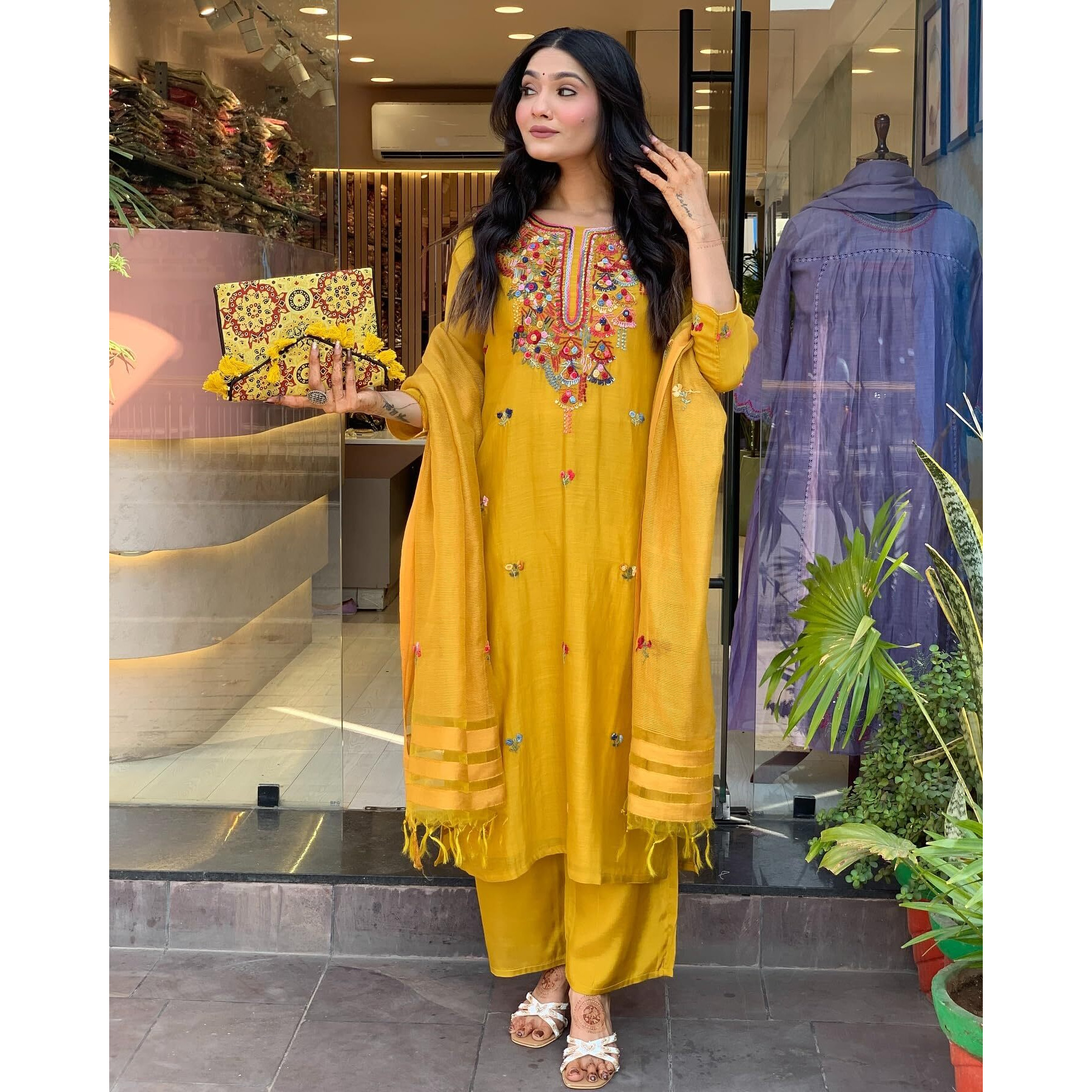 Anni Designer Women's Rayon Viscose Embroidered Straight Kurta With Pant & Dupatta (Avlen Yellow_Xl_Yellow_X-Large)