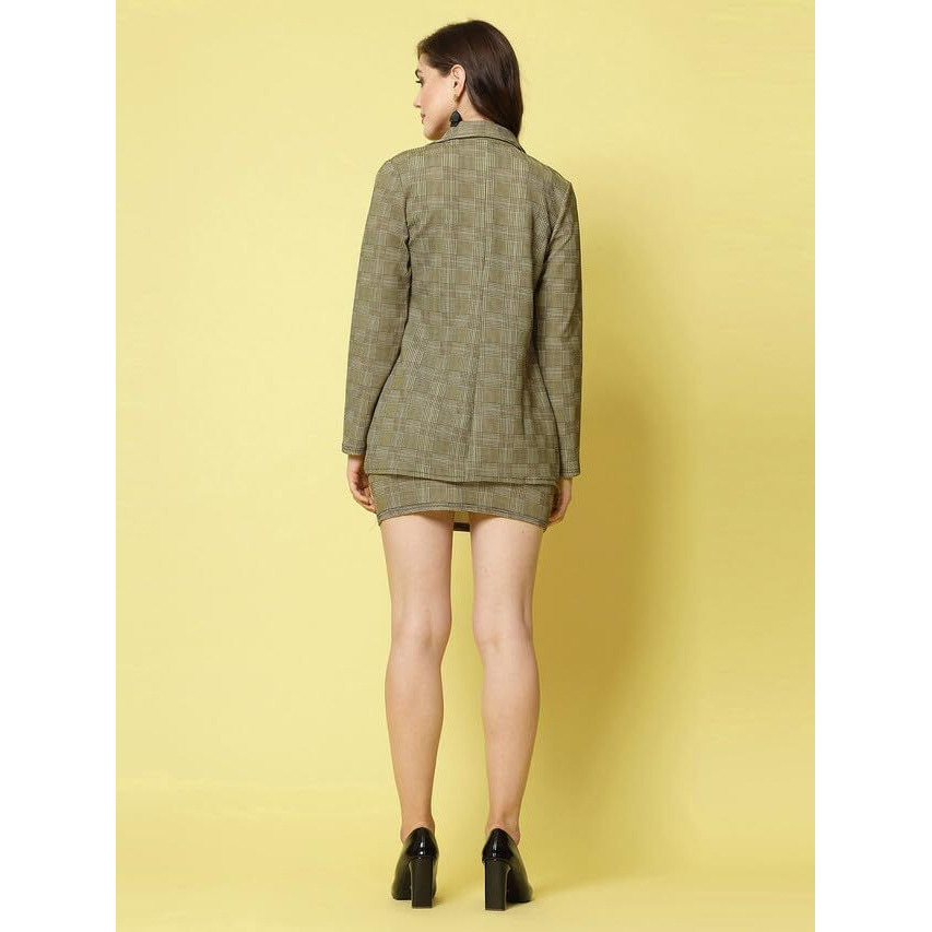 Selvia Women's Full Sleeves Lycra Spread Collar Causal Co-Ords Set (574Tk10872N-L_Beige & Olive Green)