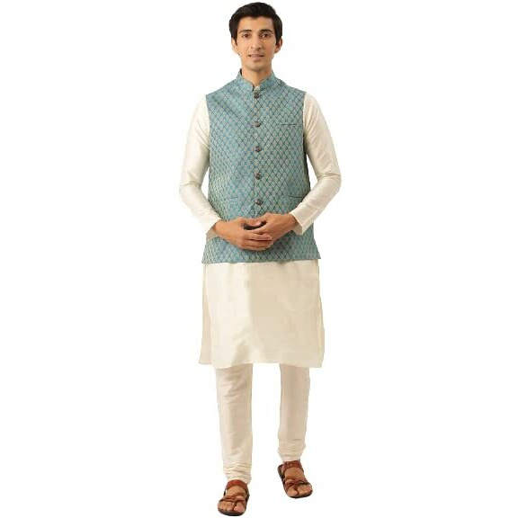 Sojanya (Since 1958 Men's Silk Blend Off White Kurta Pyjama & Peacockblue Self Design Nehru Jacket Combo