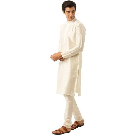 Sojanya (Since 1958 Men's Silk Blend Off White Kurta Pyjama & Peacockblue Self Design Nehru Jacket Combo