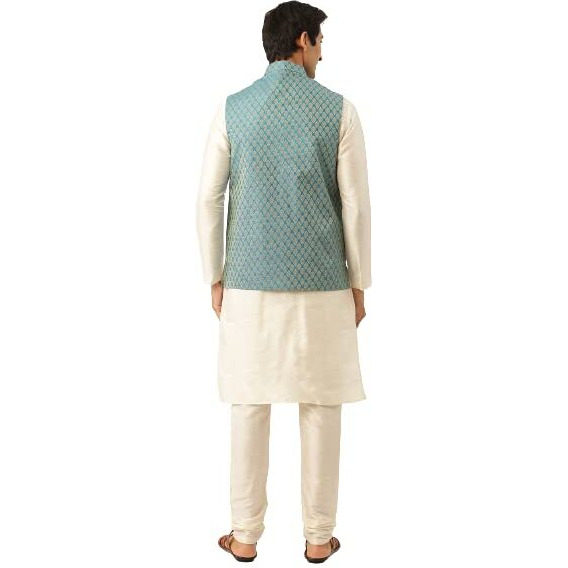 Sojanya (Since 1958 Men's Silk Blend Off White Kurta Pyjama & Peacockblue Self Design Nehru Jacket Combo