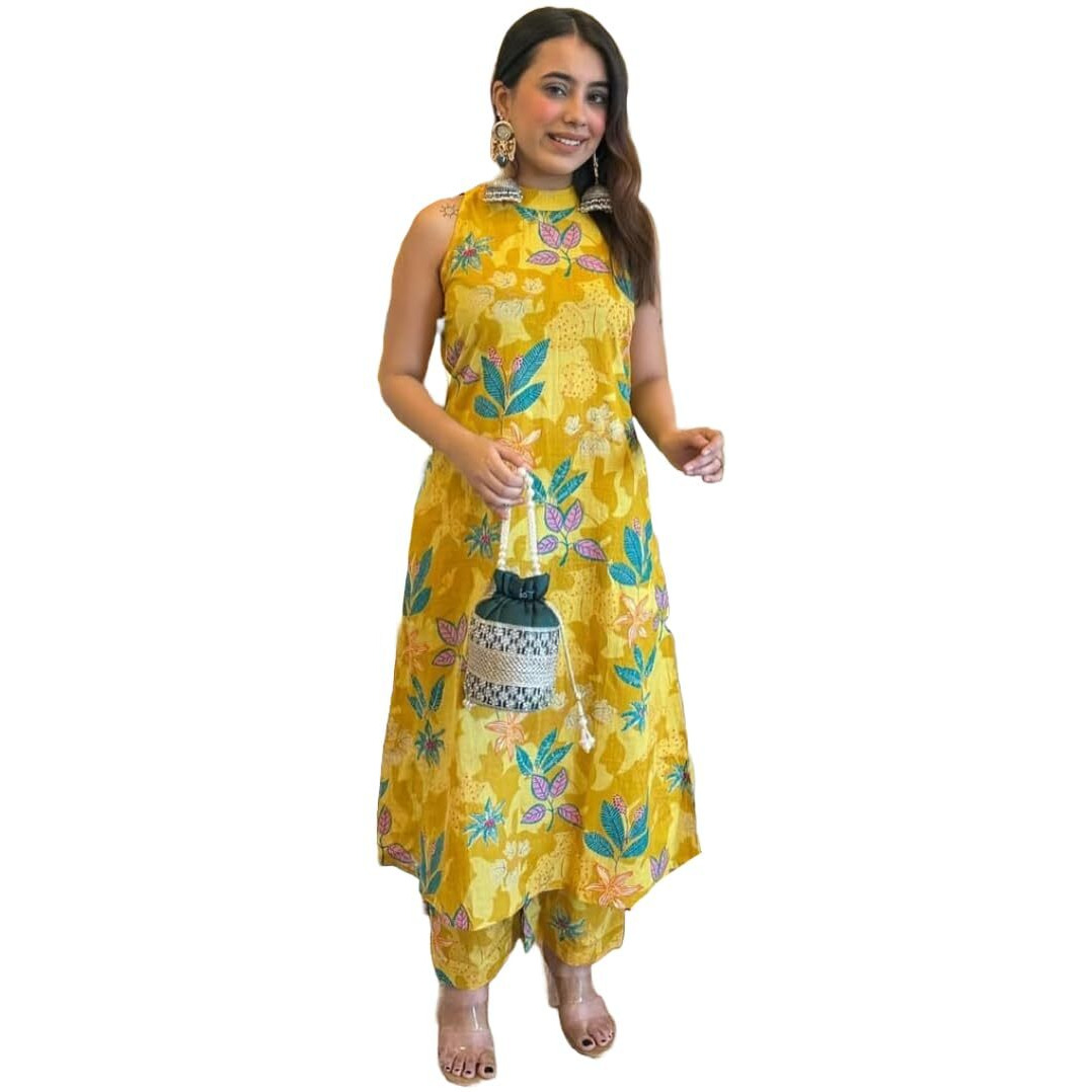 Anni Designer Women's Rayon Viscose Printed Straight Kurta With Palazzo (Izaan Yellow_L_Yellow_Large)