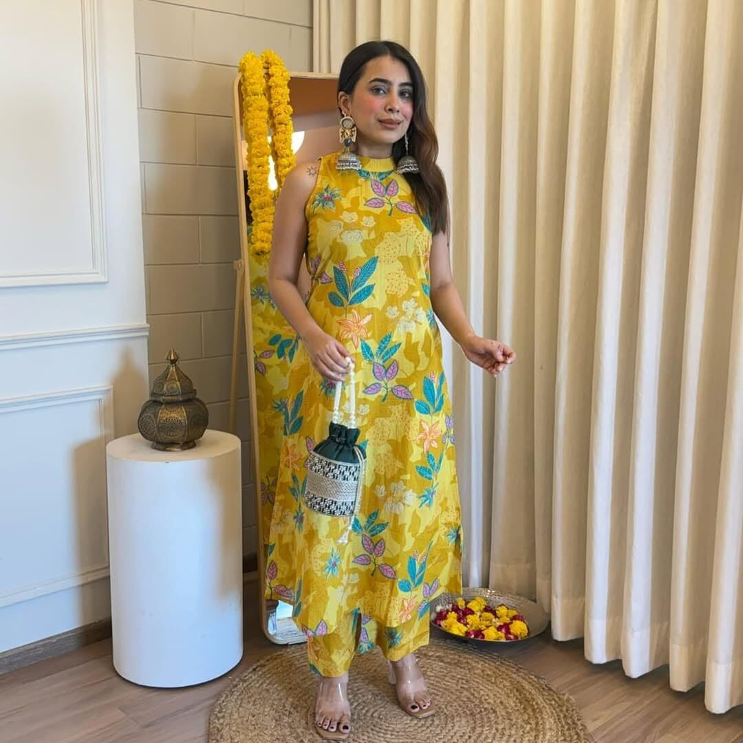 Anni Designer Women's Rayon Viscose Printed Straight Kurta With Palazzo (Izaan Yellow_L_Yellow_Large)