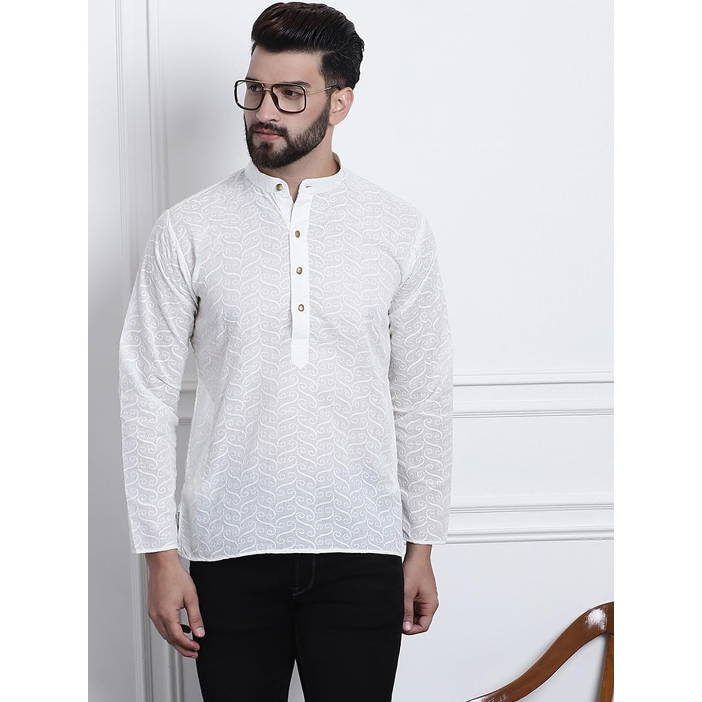 Sojanya (Since 1958, Mens Cotton Cream Color Chikankari Only Short Kurta