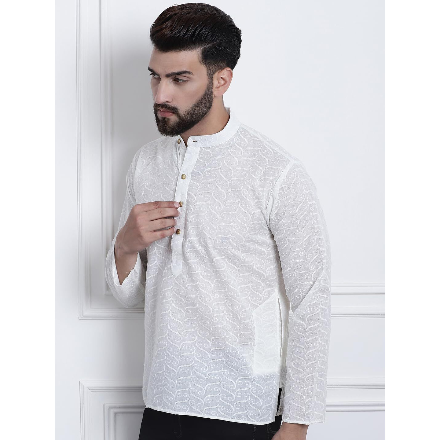 Sojanya (Since 1958, Mens Cotton Cream Color Chikankari Only Short Kurta