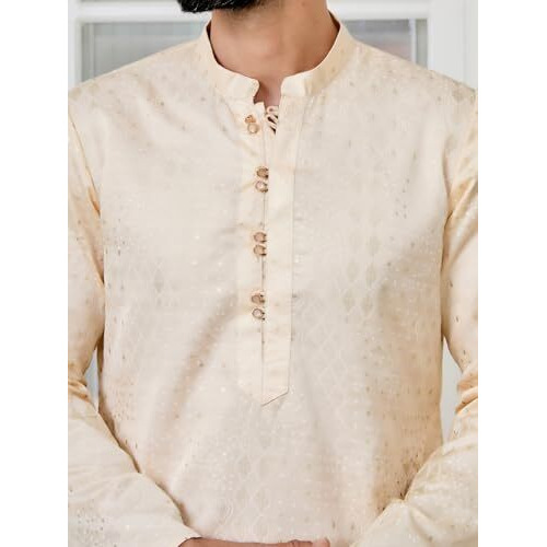 See Designs Men's Full Sleeve Mandarin Collar Beige Embossed Printed And Foil Printed Straight Kurta With Pyjama - Sdkt292201L