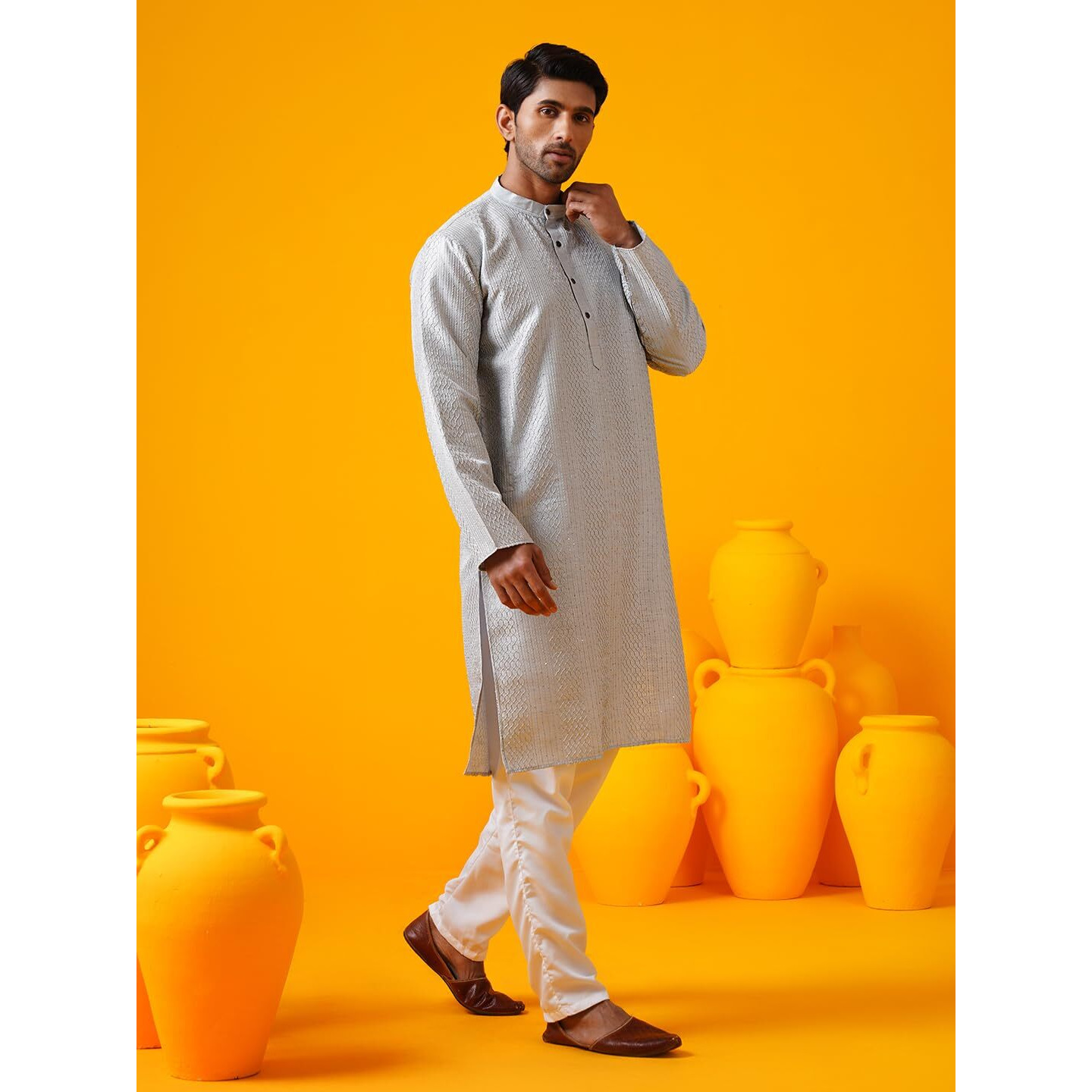 Sojanya (Since 1958 Men's Silk Bend Krochet Thread Embroidered Grey Long Kurta