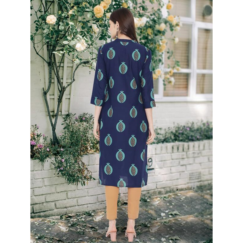 Pinkmint Women Cotton Kurti Ll Stright Printed Collared V Neck Kurta Ll Stylish Regular Fit Kurti's (Pack Of 01) Navy Blue