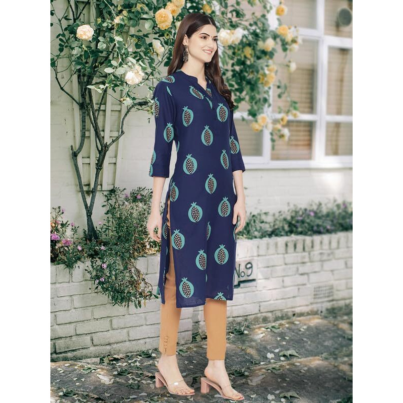 Pinkmint Women Cotton Kurti Ll Stright Printed Collared V Neck Kurta Ll Stylish Regular Fit Kurti's (Pack Of 01) Navy Blue