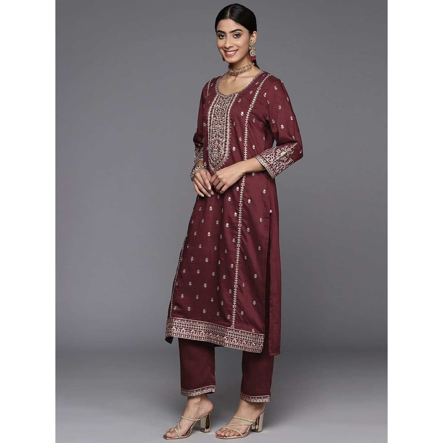 Varanga Women Maroon Embroidered Kurta Paired With Tonal Bottom And Dupatta