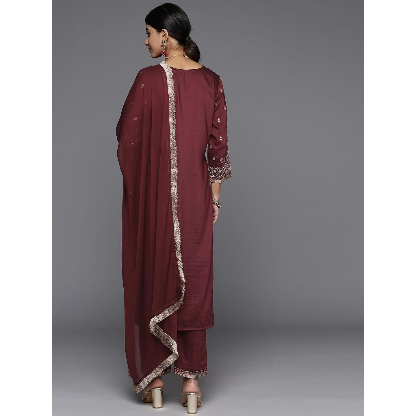 Varanga Women Maroon Embroidered Kurta Paired With Tonal Bottom And Dupatta