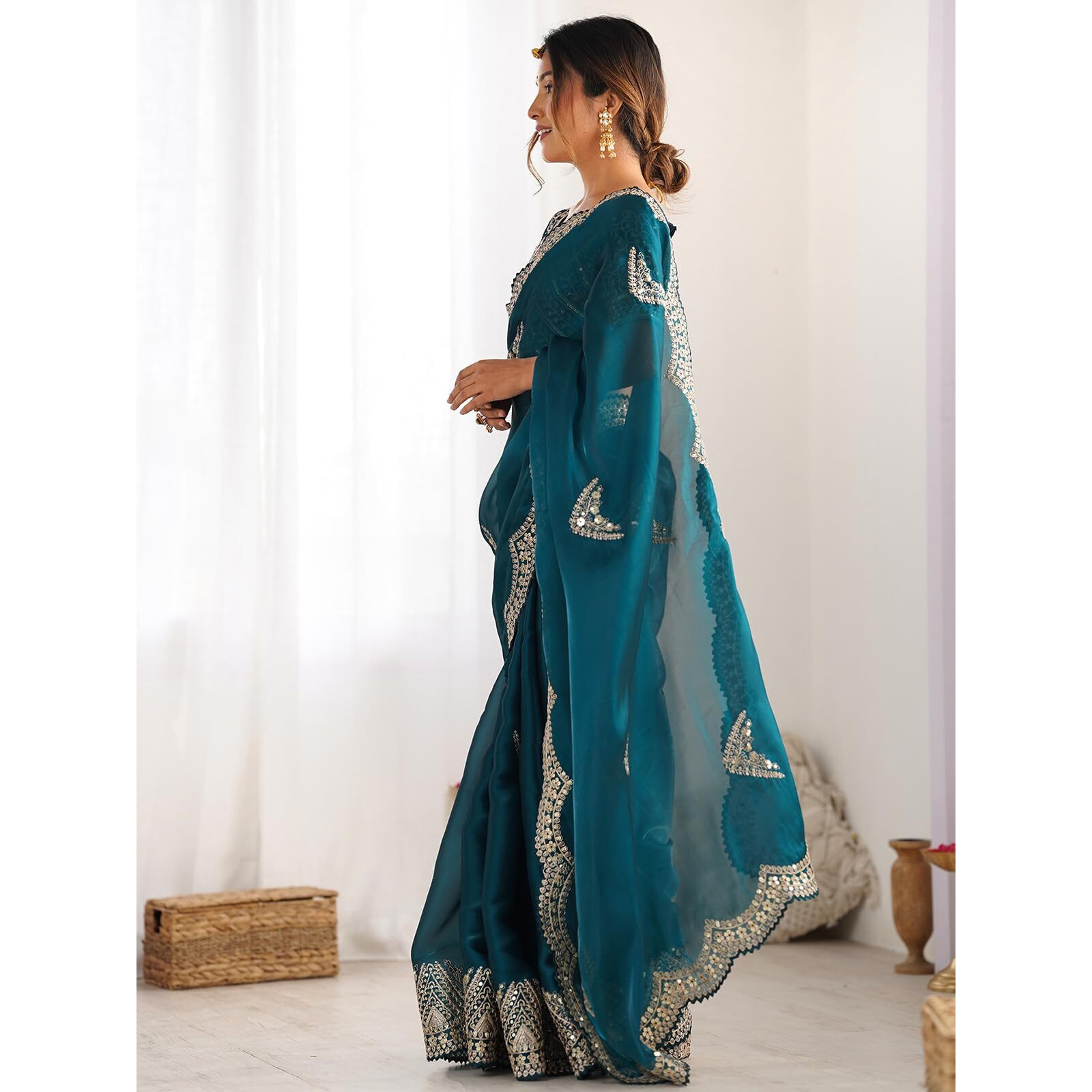 Satrani Women's Tissue Silk Dyed Sequin Embroidery & Scollped Border Festive Saree With Unstitched Blouse Piece (4218S6632Na_Rama Green)