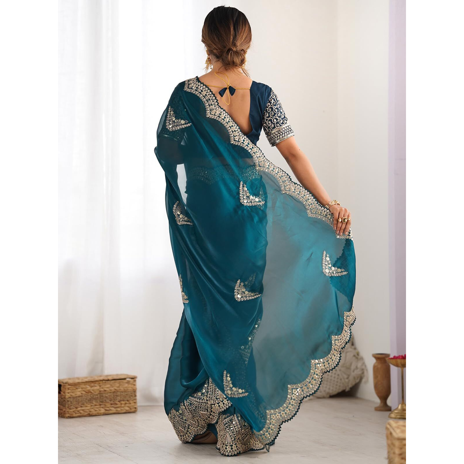 Satrani Women's Tissue Silk Dyed Sequin Embroidery & Scollped Border Festive Saree With Unstitched Blouse Piece (4218S6632Na_Rama Green)
