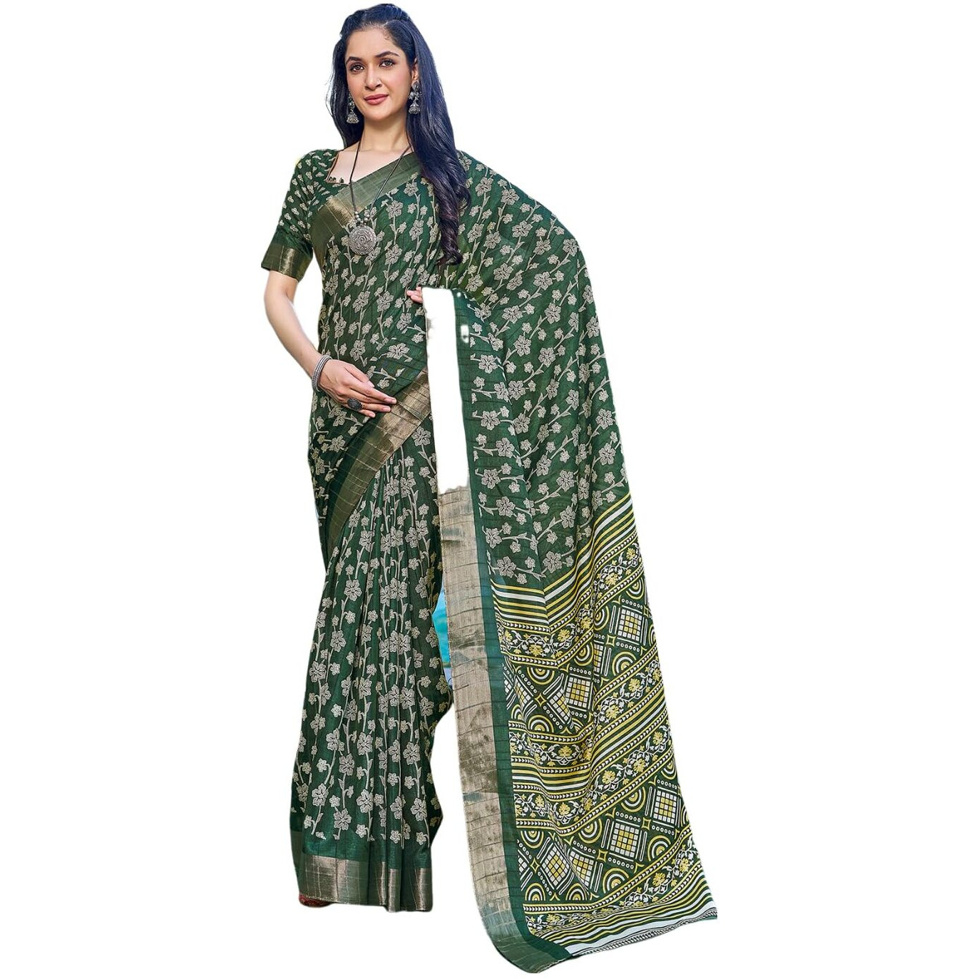 Satrani Women's Silk Floral Printed Zari Border Saree With Unstitched Blouse Piece (3645S1360N_Dark Green)