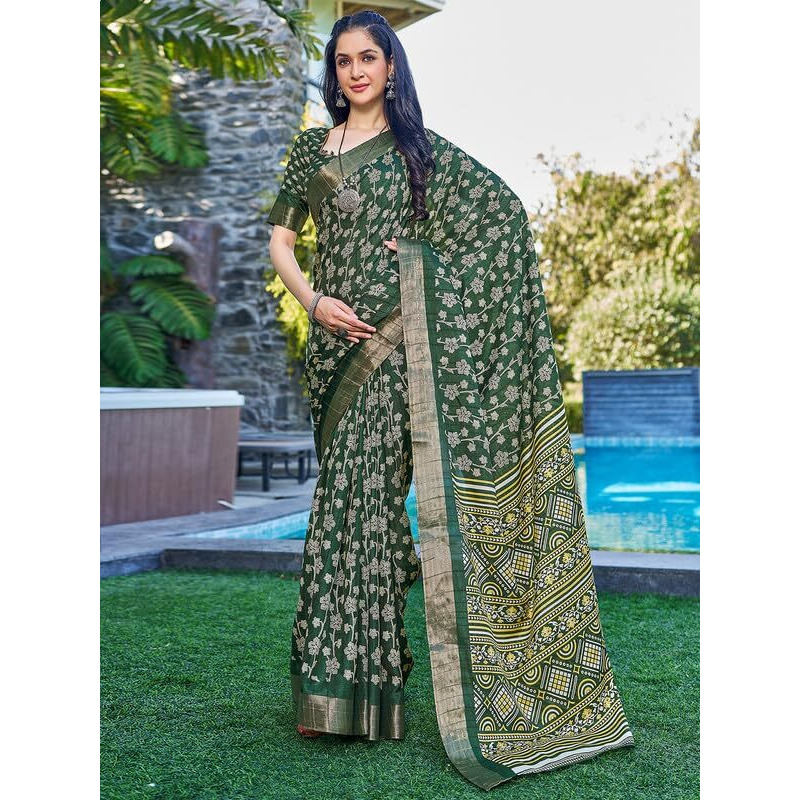 Satrani Women's Silk Floral Printed Zari Border Saree With Unstitched Blouse Piece (3645S1360N_Dark Green)