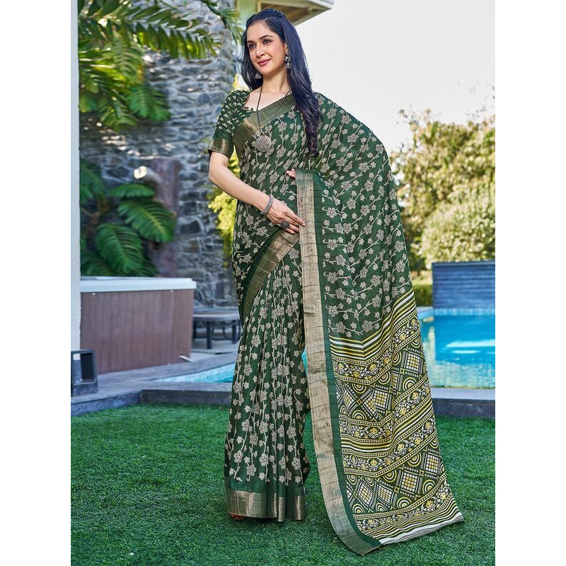 Satrani Women's Silk Floral Printed Zari Border Saree With Unstitched Blouse Piece (3645S1360N_Dark Green)