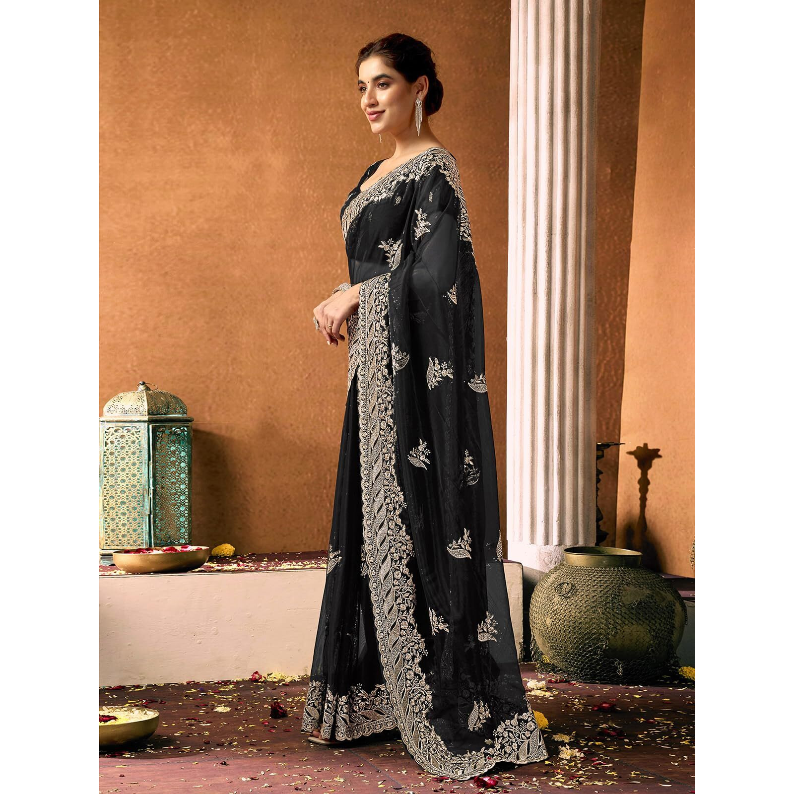Satrani Women's Net Embroidery & Stone Work Saree With Unstitched Blouse Piece (4376S311N_Black)