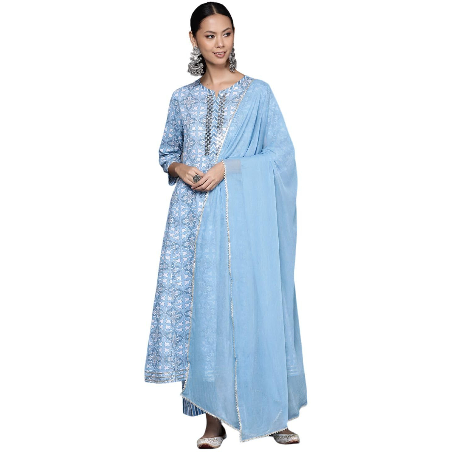 Varanga Women Blue Mirror Embroidered Abstract Printed Anarkali Kurta Paired With Tonal Bottom And Tonal Solid Dupatta With Four Side Traingular Gota Lace